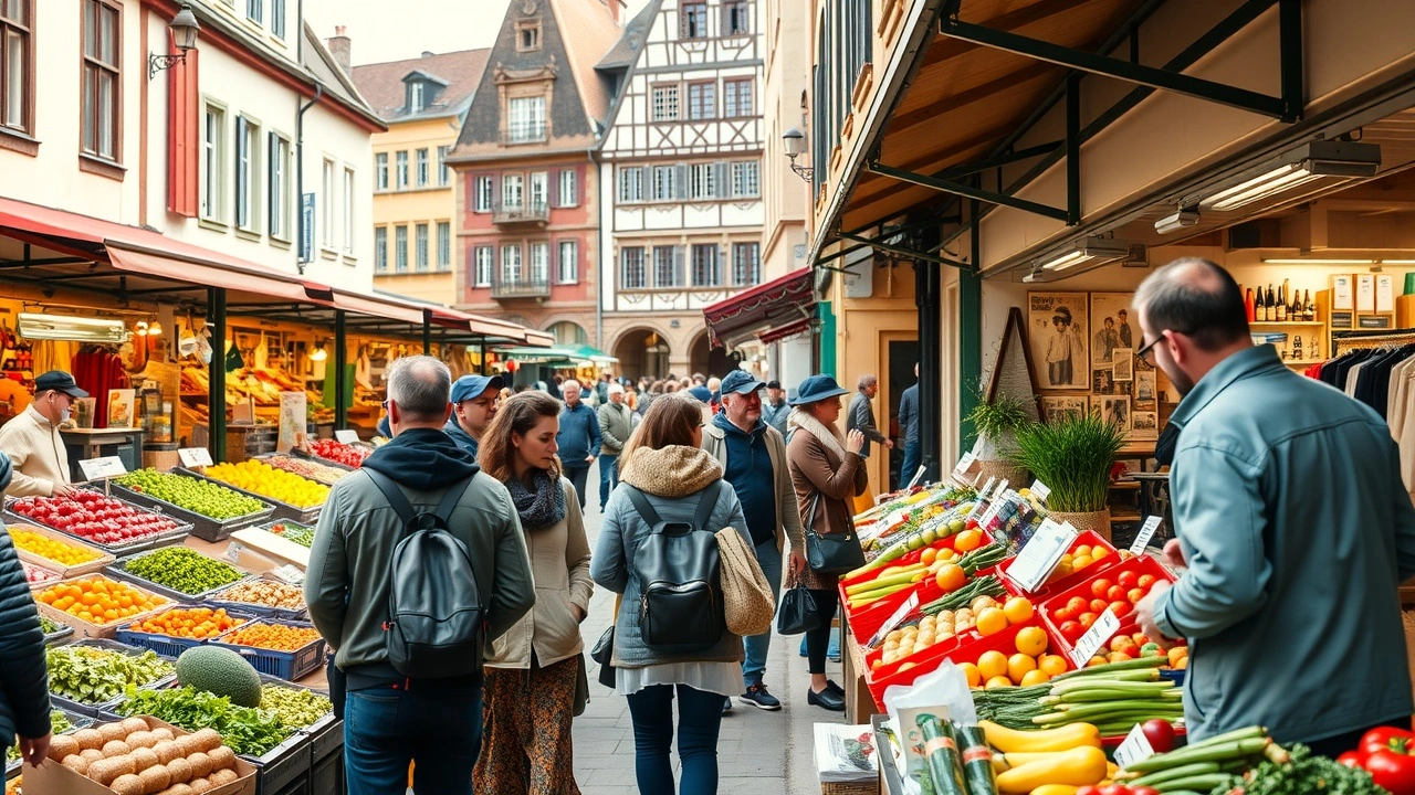 Scène de marché animé à Strasbourg avec des acheteurs faisant des économies.