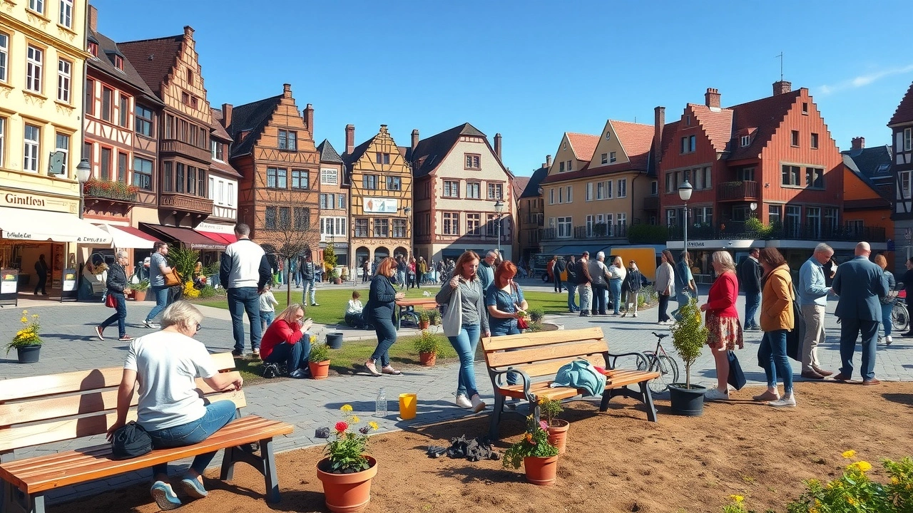 Une scène de rénovation d'espaces publics à Strasbourg avec des personnes diverses travaillant ensemble.