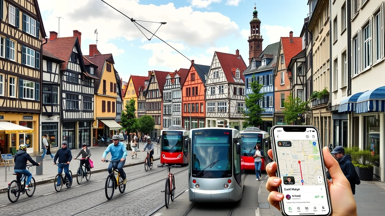 Une scène urbaine animée à Strasbourg avec des transports variés.