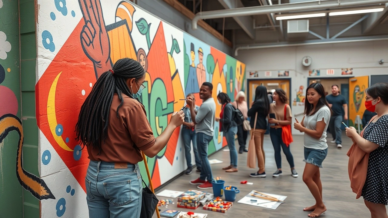 artiste peignant une fresque avec des participants