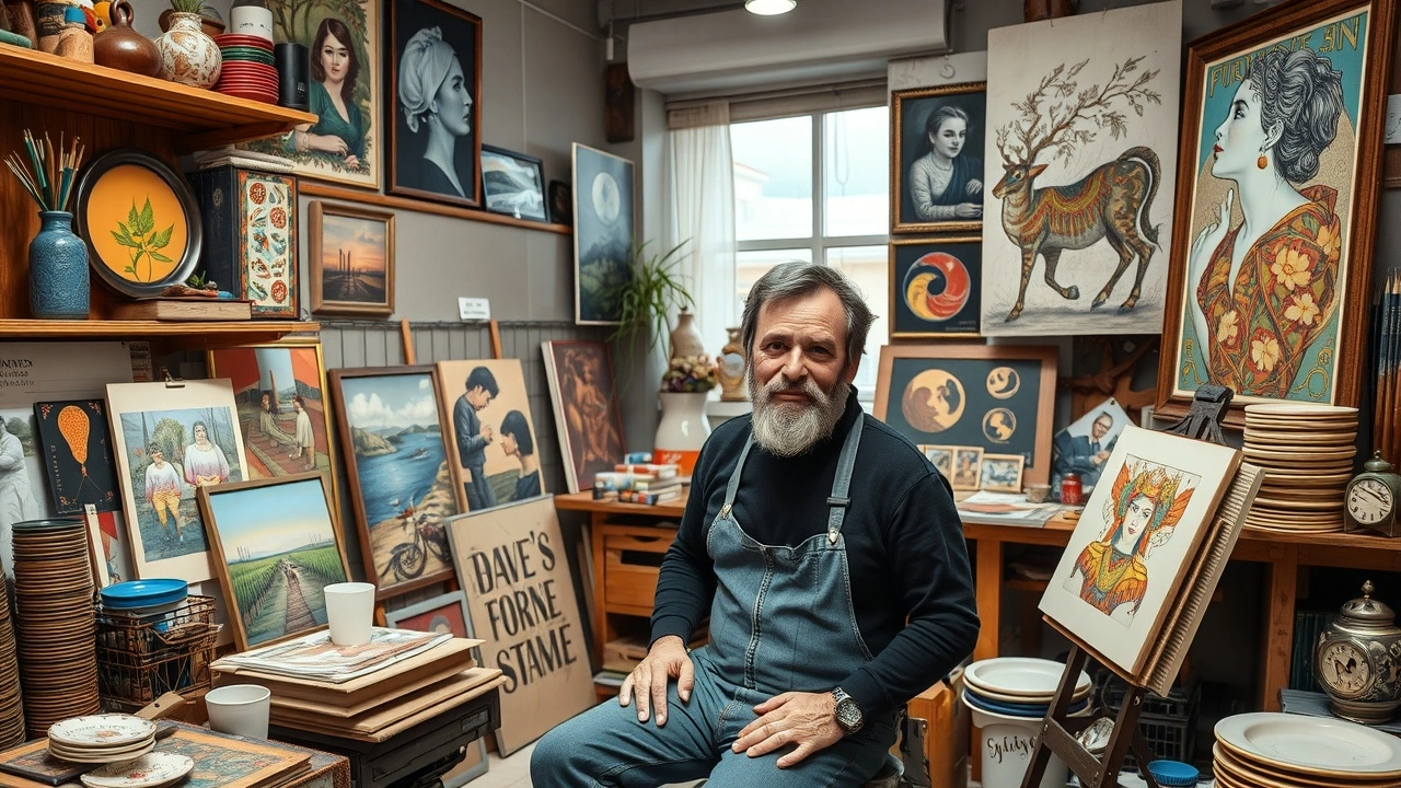 artiste strasbourgeois dans son studio avec des œuvres