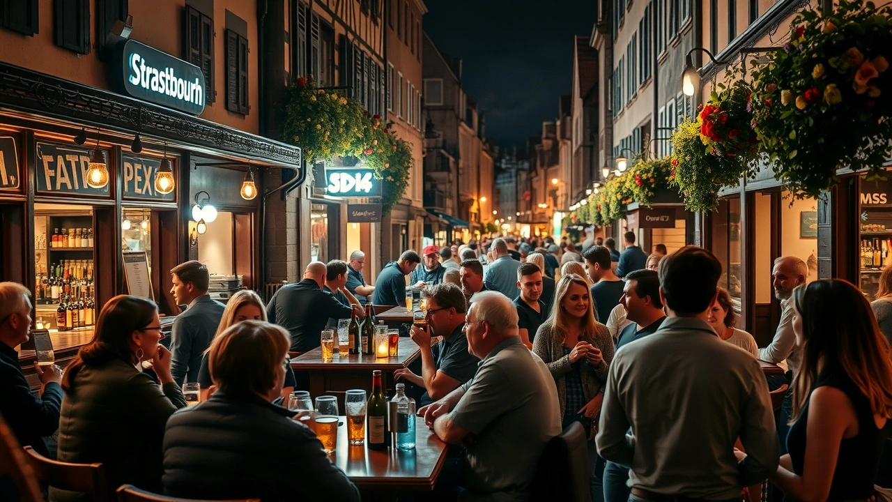 scène de bar animé à Strasbourg la nuit