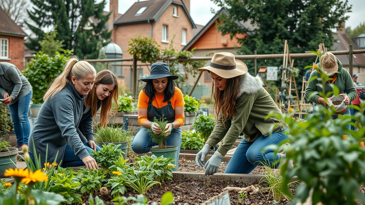groupe divers de bénévoles dans un jardin communautaire