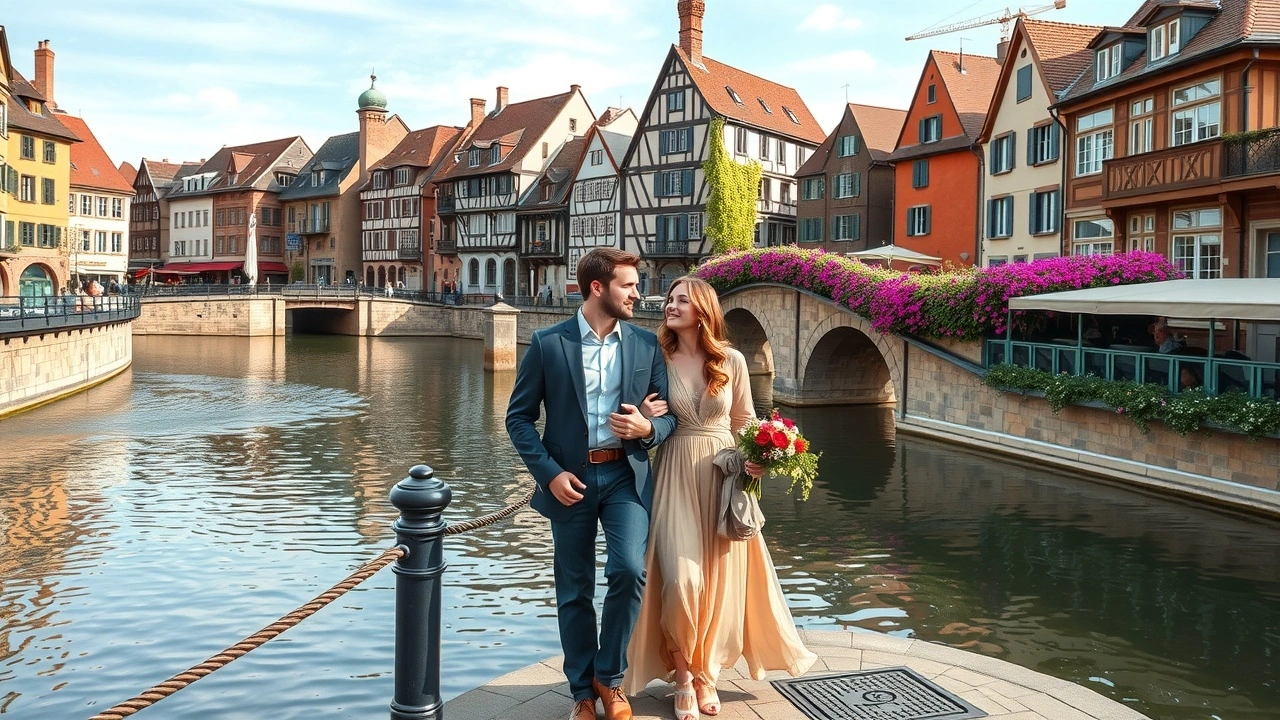 un couple marchant le long des canaux de Strasbourg