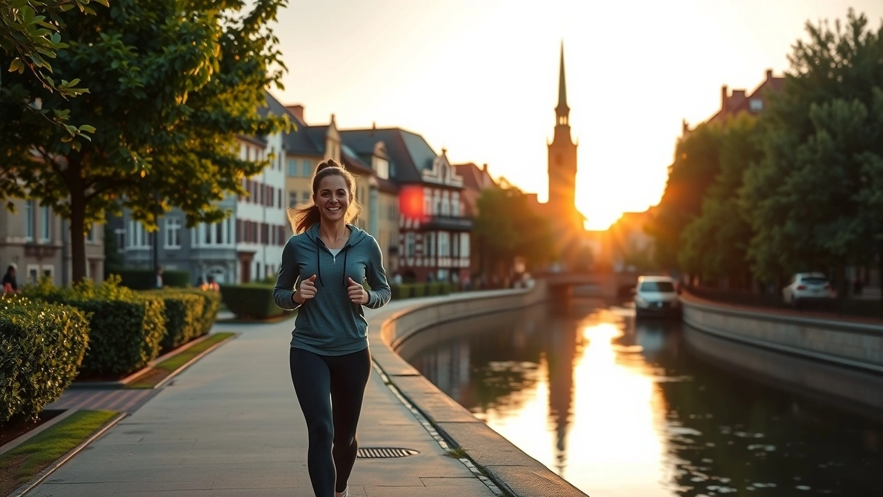Un coureur le long des canaux de Strasbourg au coucher du soleil.