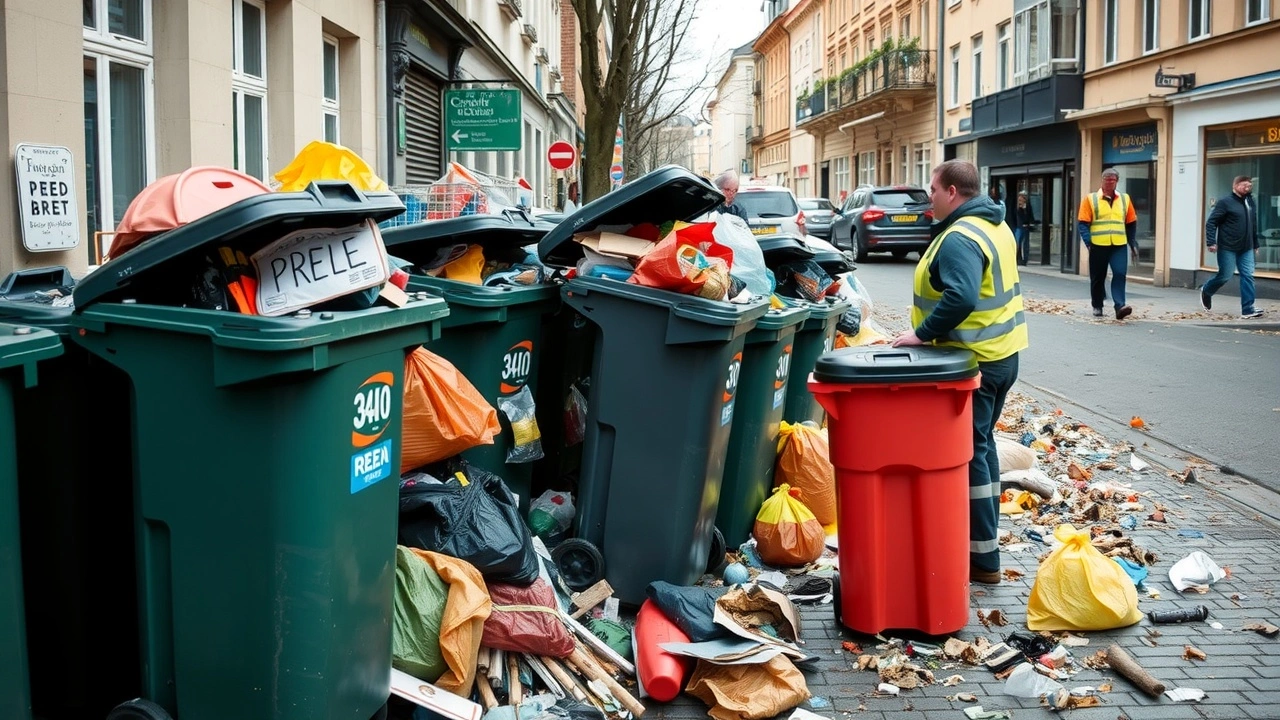 déchets dans les rues avec des poubelles pleines