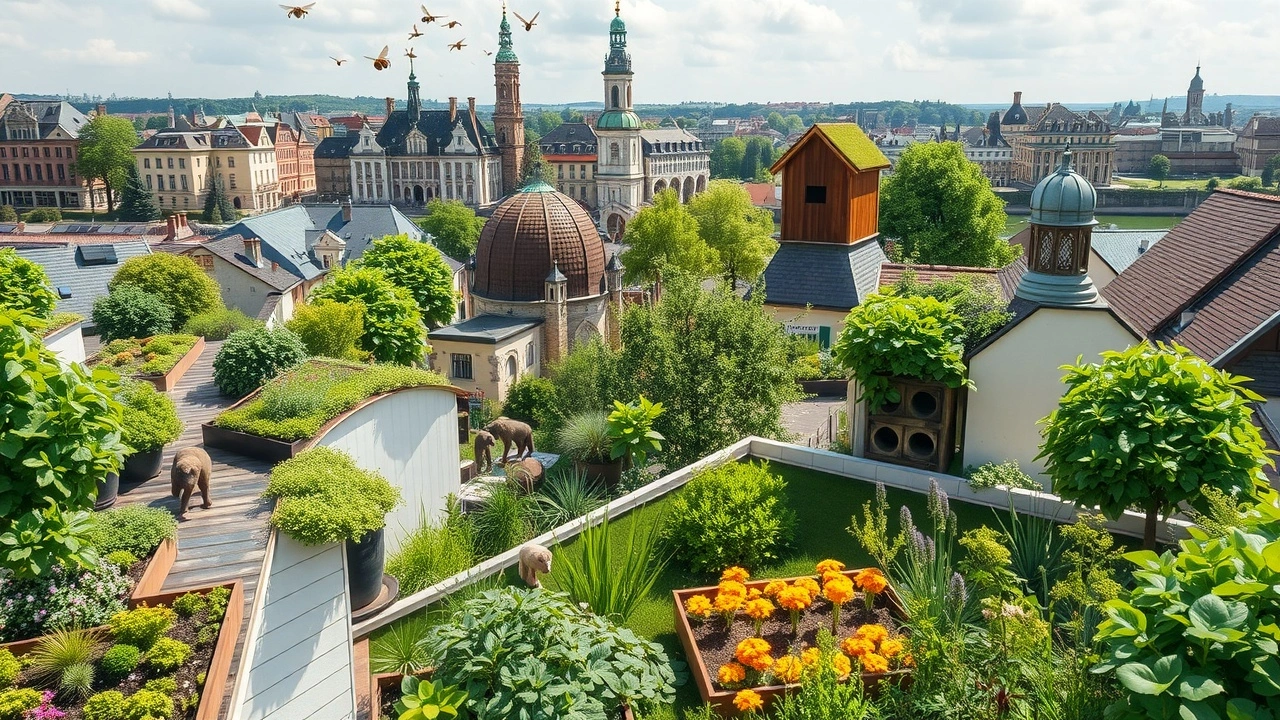 Représentation photoréaliste des défis de la biodiversité à Strasbourg, montrant des initiatives écologiques.