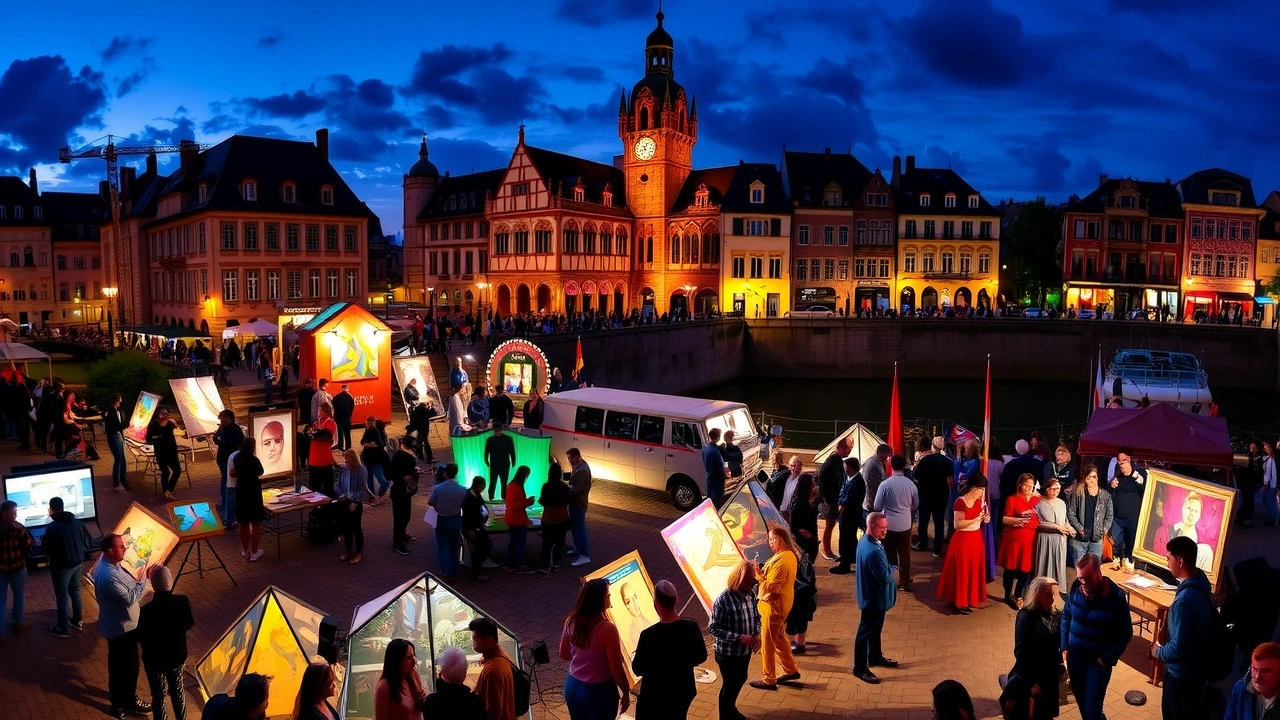 Une scène animée d'un événement d'art et de culture à Strasbourg le soir.