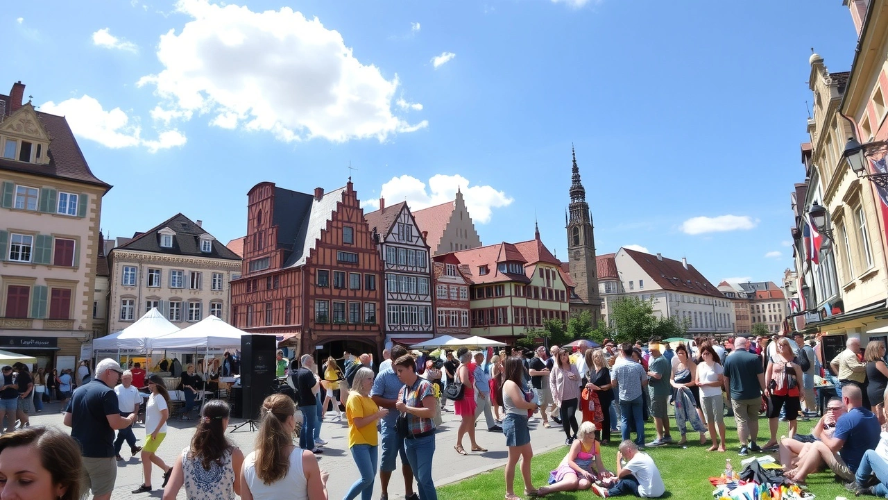 Scène vivante d'événements gratuits à Strasbourg, montrant des gens heureux.