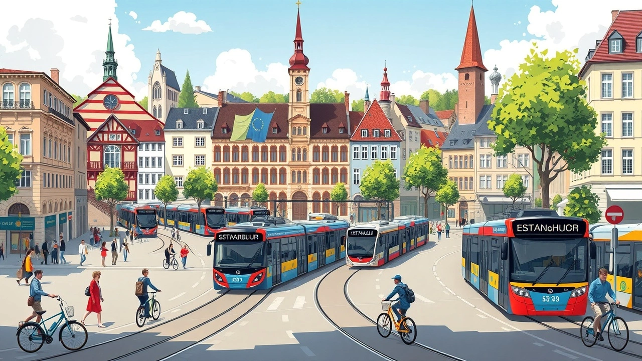 Illustration de l'évolution des transports en commun à Strasbourg et leurs effets sur la mobilité urbaine.