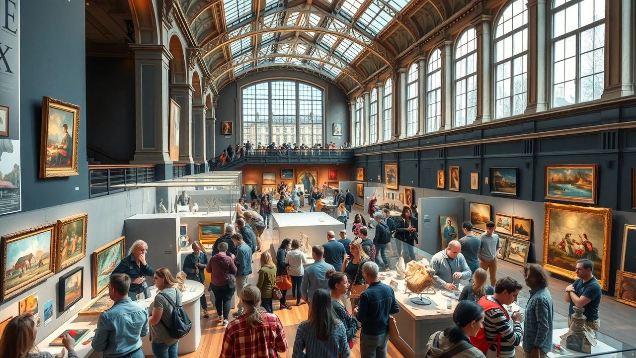 Une exposition artistique animée à Strasbourg avec des visiteurs admirant des œuvres d'art diverses.