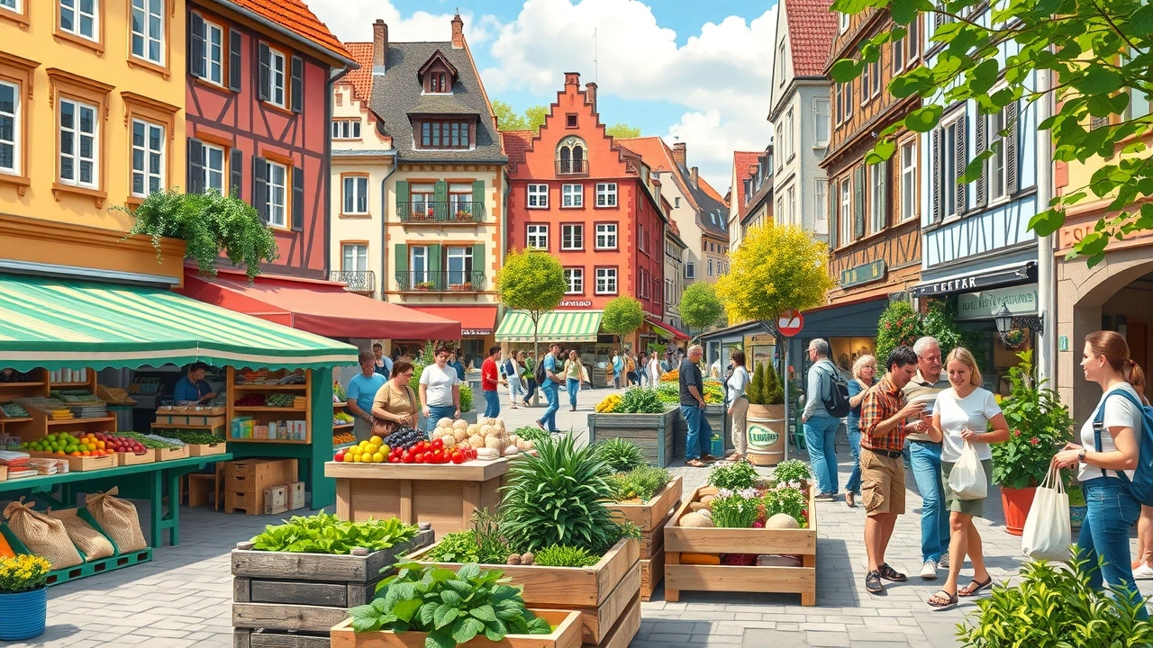 Illustration de l'initiative zéro déchet à Strasbourg avec marché écologique et jardin communautaire.