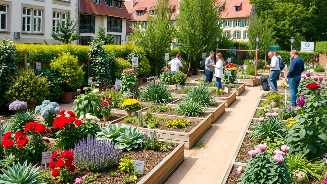jardin communautaire avec plantes diversifiées et personnes