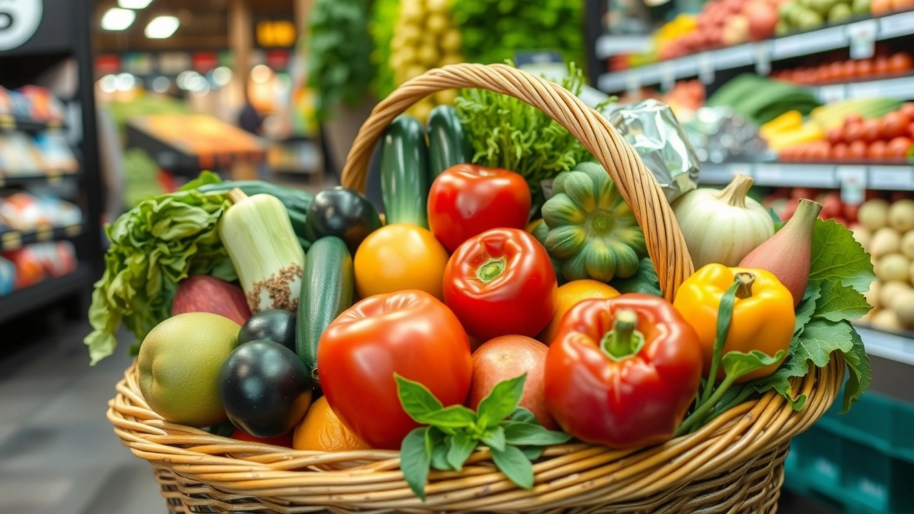 panier de courses avec fruits et legumes frais