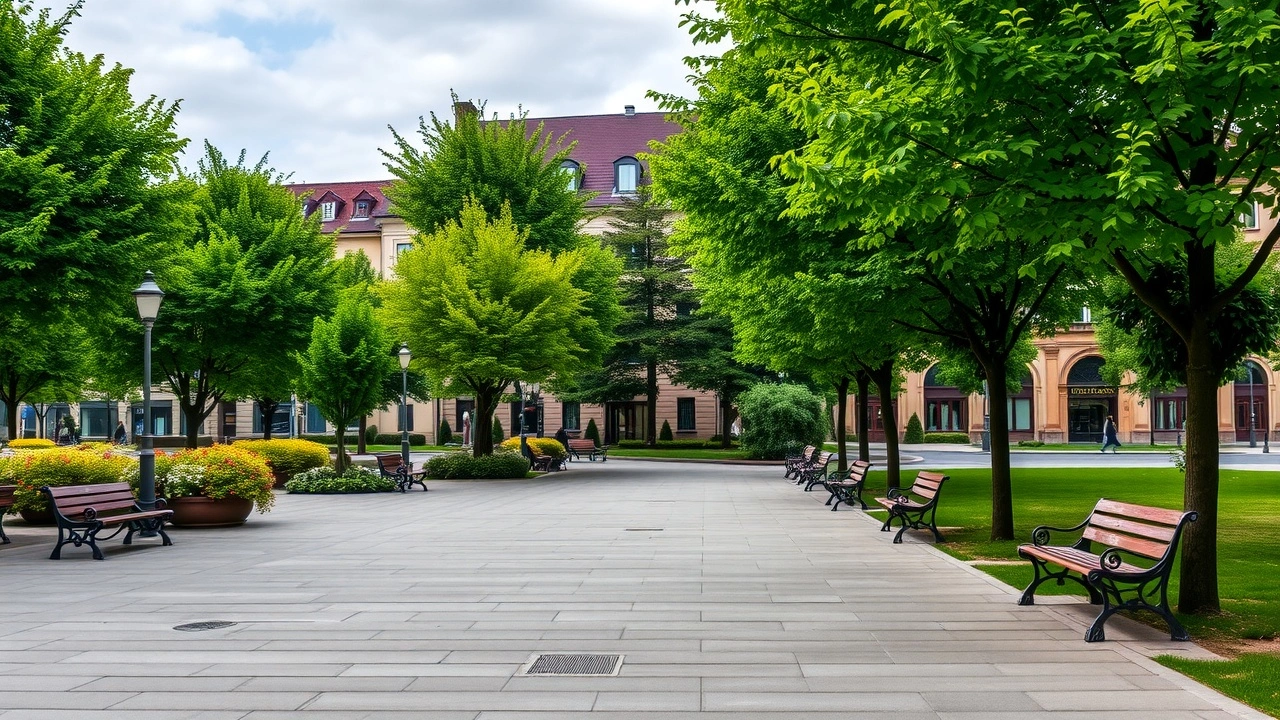 parc public avec arbres et batiments urbains en arriere-plan