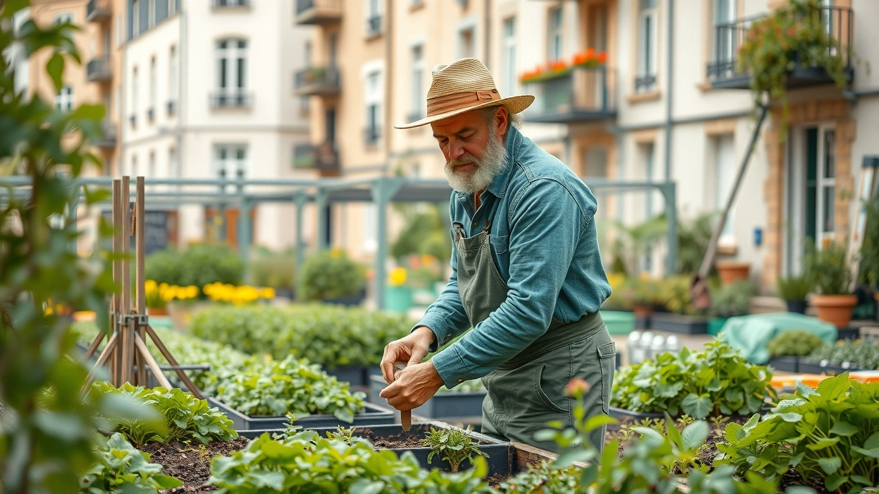 portrait d'un agriculteur dans un jardin urbain