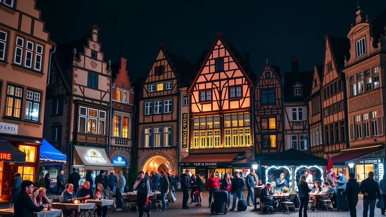 scène nocturne animée à Strasbourg avec bâtiments illuminés