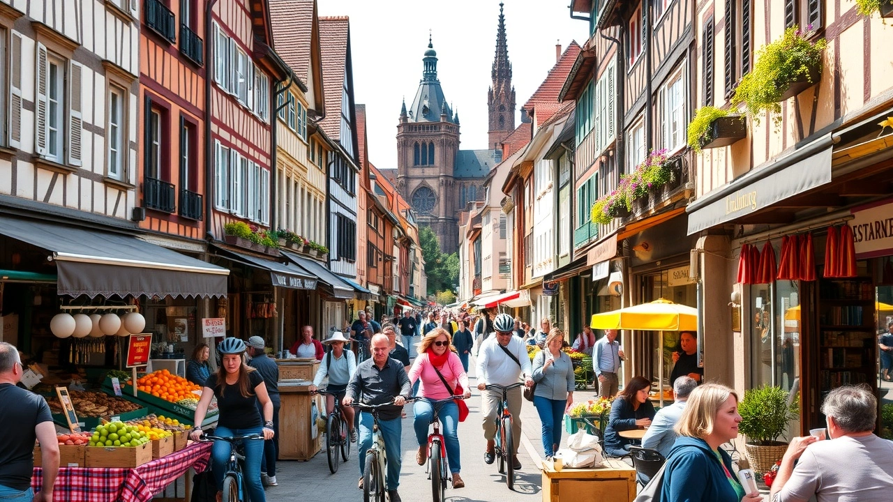 Une scène urbaine vibrante à Strasbourg avec un marché animé et des activités quotidiennes.