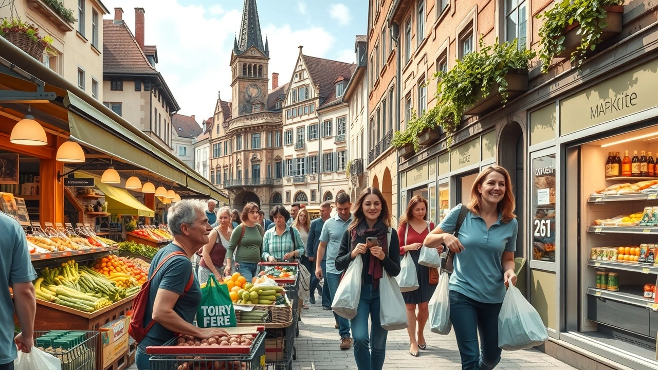 Une scène de shopping animée à Strasbourg avec des solutions modernes pour simplifier les courses.