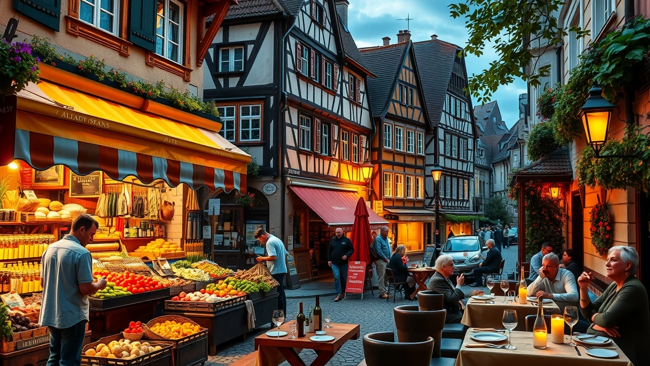 Une illustration des secrets culinaires de Strasbourg, avec un marché de jour et un restaurant de soirée.