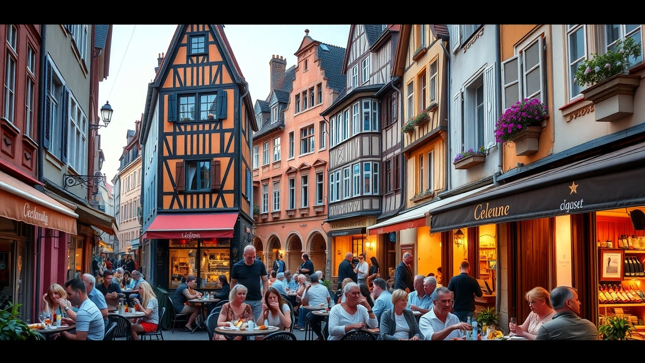 Une scène animée de rues à Strasbourg avec des cafés et restaurants, illustrant des sorties culinaires accessibles.